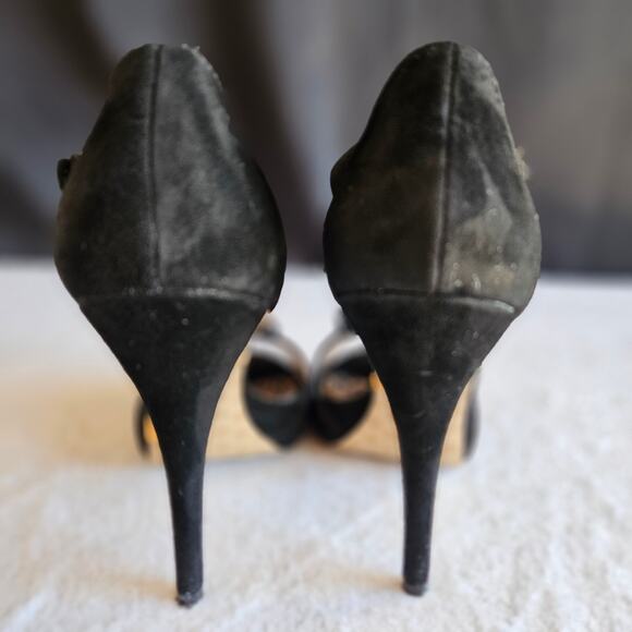 Betsey Johnson Black Suede Stiletto Heels Size 7.5M Ruffle Straps Peep Toe - Picture 4 of 12